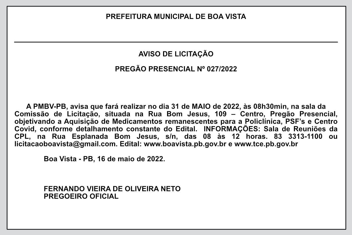 PREFEITURA MUNICIPAL DE BOA VISTA – AVISO DE LICITAÇÃO – PREGÃO PRESENCIAL Nº 027/2022