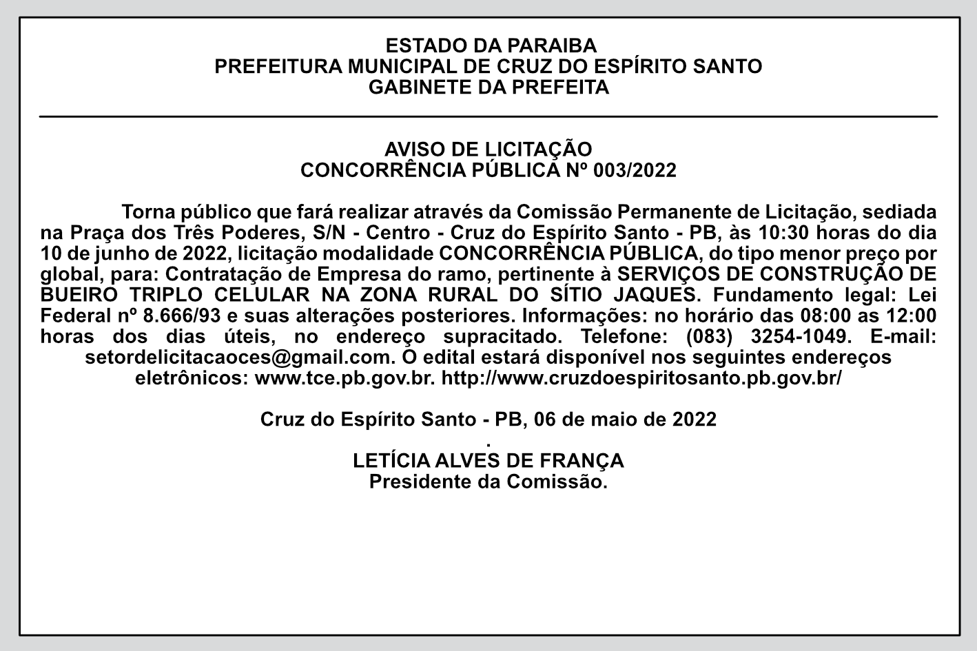 PREFEITURA MUNICIPAL DE CRUZ DO ESPÍRITO SANTO – AVISO DE LICITAÇÃO – CONCORRÊNCIA PÚBLICA Nº 003/2022