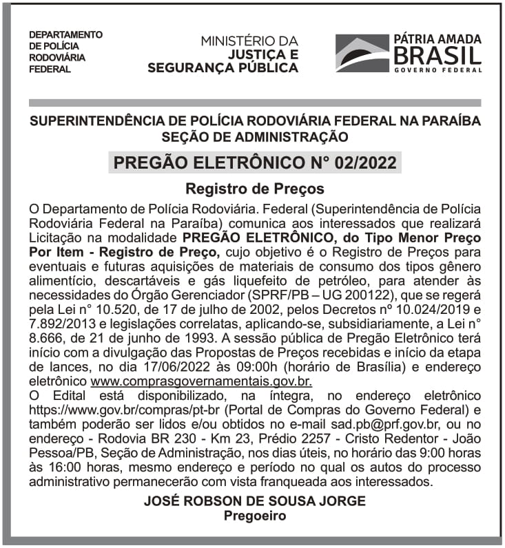SRPRF – PB – 14° SR – JOÃO PESSOA – PREGÃO ELETRÔNICO Nº 02/2022