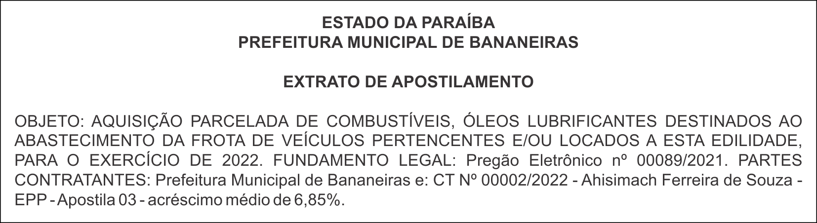 PREFEITURA MUNICIPAL DE BANANEIRAS – EXTRATO DE APOSTILAMENTO