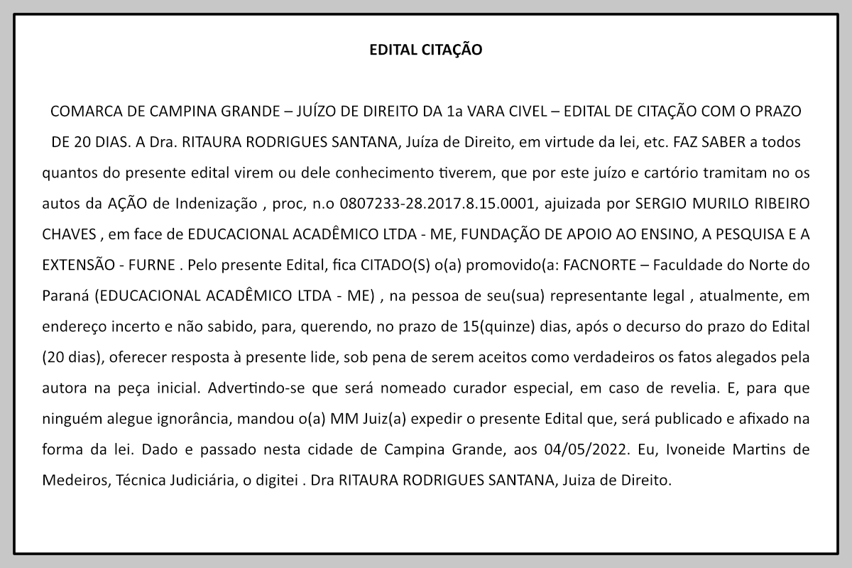Edital de Citação – Processo Nº 0807233-28.2017.8.15.0001