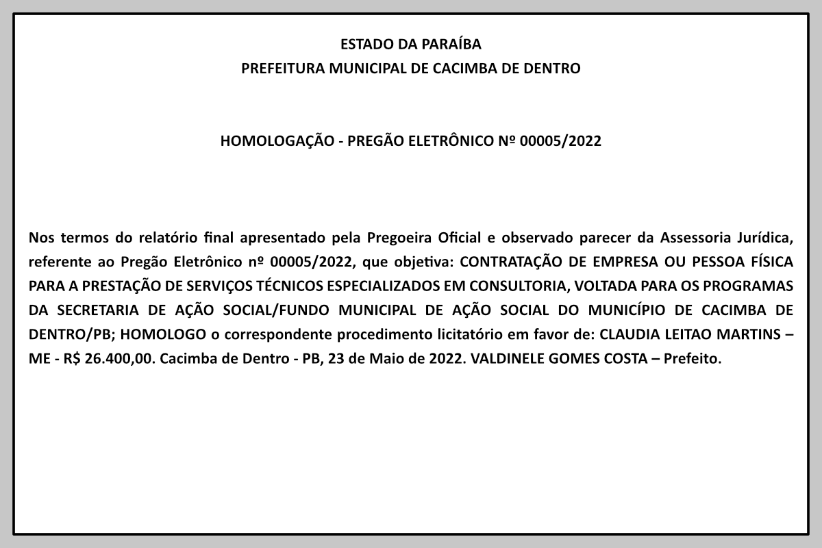 PREFEITURA MUNICIPAL DE CACIMBA DE DENTRO –  HOMOLOGAÇÃO – PREGÃO ELETRÔNICO Nº 00005/2022