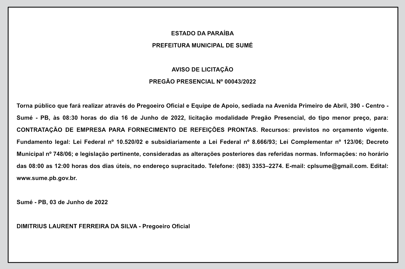 PREFEITURA MUNICIPAL DE SUMÉ – AVISO DE LICITAÇÃO – PREGÃO PRESENCIAL Nº 00043/2022