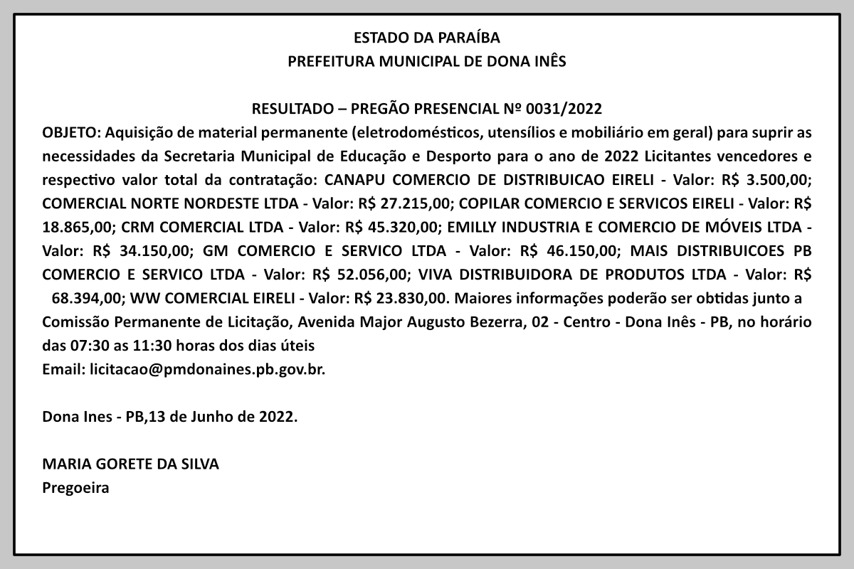 PREFEITURA MUNICIPAL DE DONA INÊS – RESULTADO – PREGÃO PRESENCIAL Nº 0031/2022