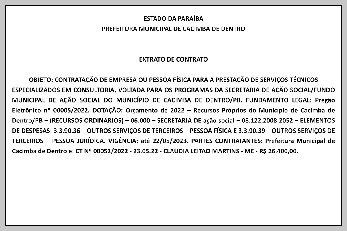 PREFEITURA MUNICIPAL DE CACIMBA DE DENTRO  – EXTRATO DE CONTRATO