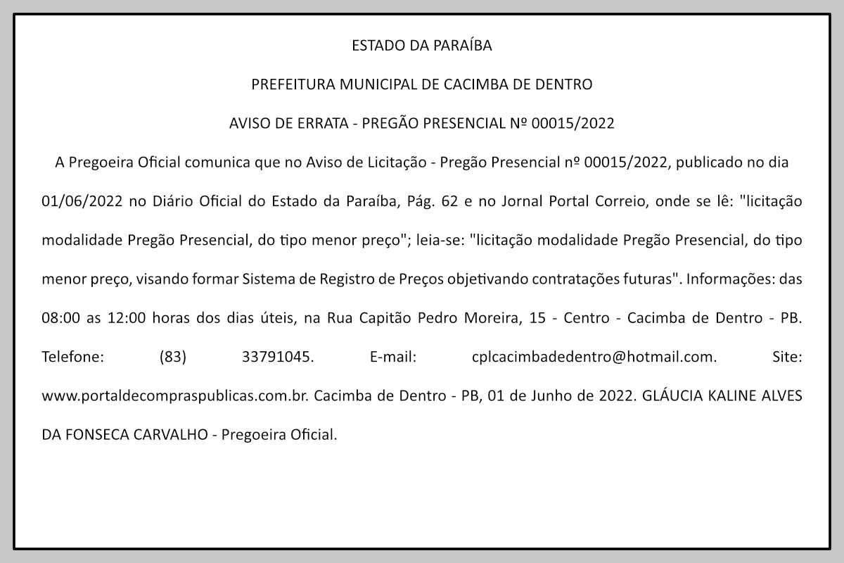 PREFEITURA MUNICIPAL DE CACIMBA DE DENTRO – AVISO DE ERRATA – PREGÃO PRESENCIAL Nº 00015/2022