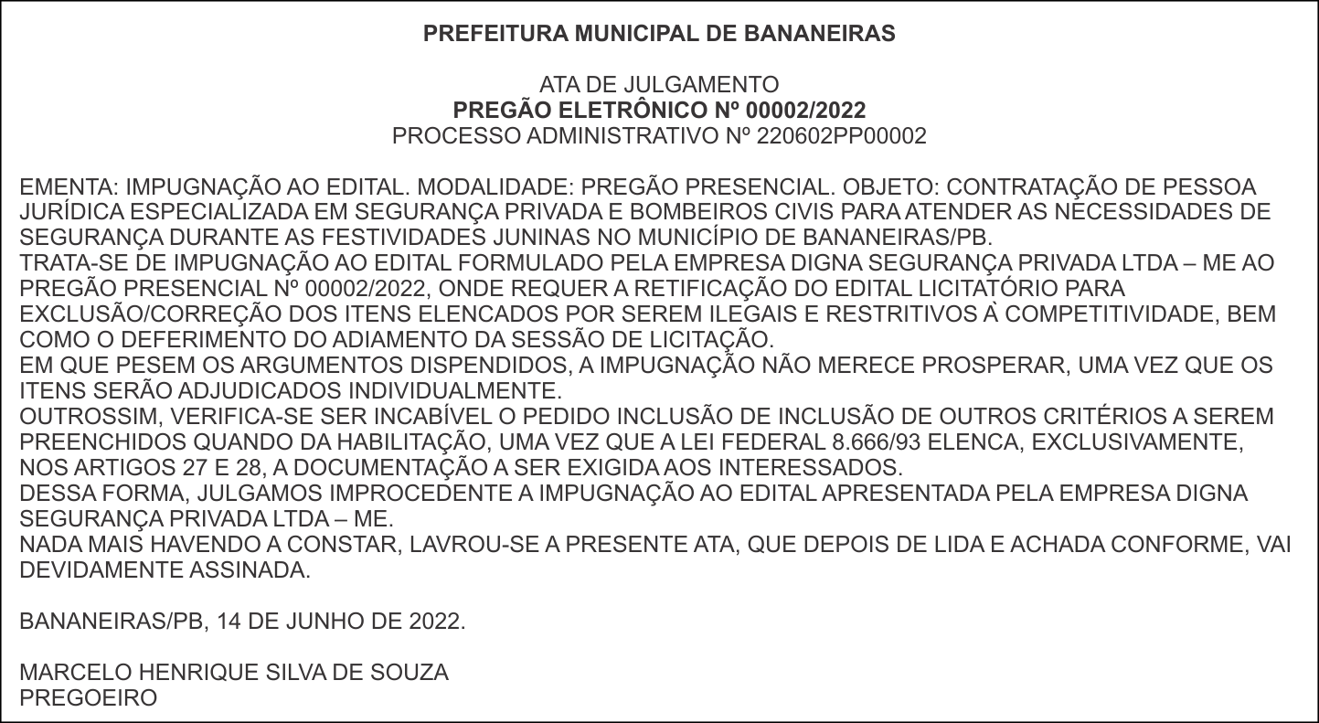 PREFEITURA MUNICIPAL DE BANANEIRAS – ATA DE JULGAMENTO – PREGÃO ELETRÔNICO Nº 00002/2022 – PROCESSO ADMINISTRATIVO Nº 220602PP00002