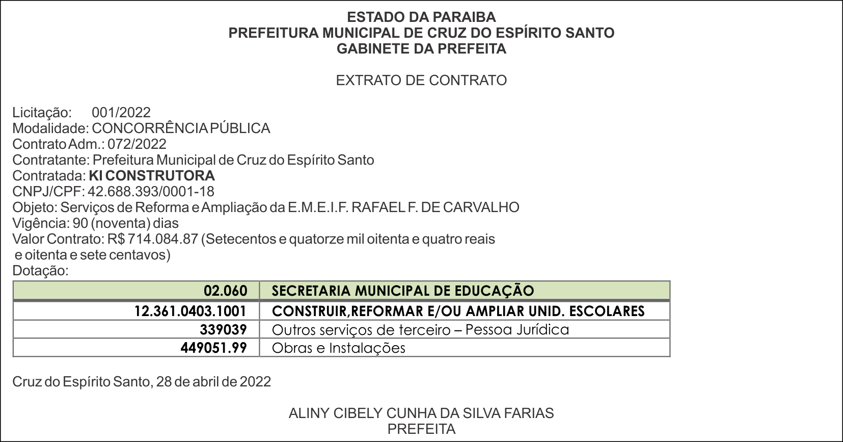 PREFEITURA MUNICIPAL DE CRUZ DO ESPÍRITO SANTO  – EXTRATO DE CONTRATO