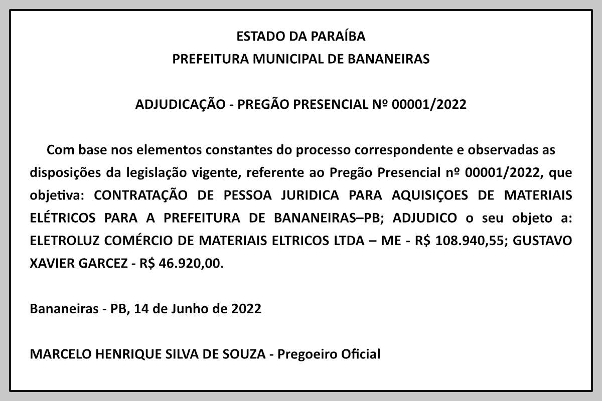 PREFEITURA MUNICIPAL DE BANANEIRAS – ADJUDICAÇÃO – PREGÃO PRESENCIAL Nº 00001/2022
