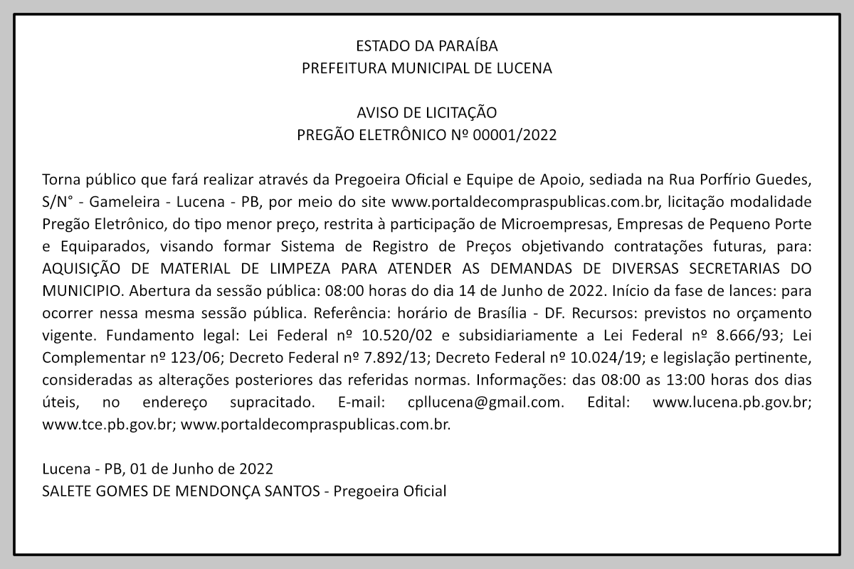 PREFEITURA MUNICIPAL DE LUCENA – AVISO DE LICITAÇÃO – PREGÃO ELETRÔNICO Nº 00001/2022