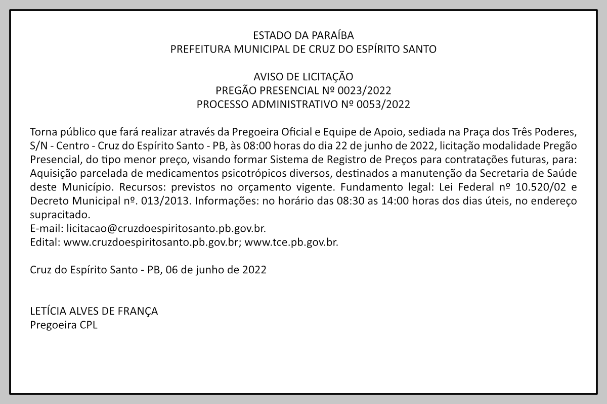 PREFEITURA MUNICIPAL DE CRUZ DO ESPÍRITO SANTO –  AVISO DE LICITAÇÃO – PREGÃO PRESENCIAL Nº 0023/2022 – PROCESSO ADMINISTRATIVO Nº 0053/2022