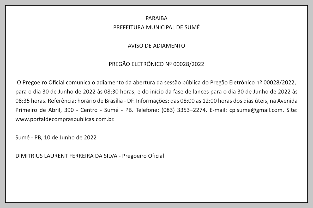 PREFEITURA MUNICIPAL DE SUMÉ – AVISO DE ADIAMENTO – PREGÃO ELETRÔNICO Nº 00028/2022