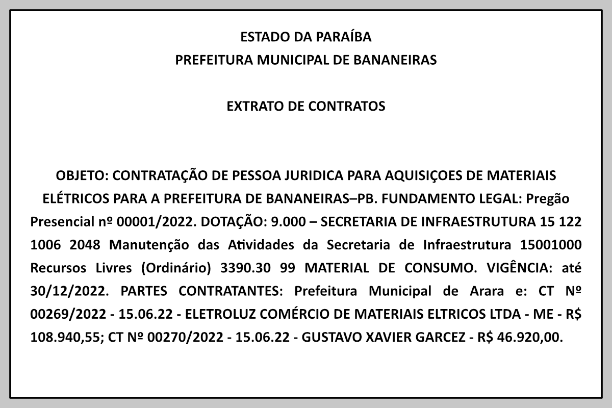 PREFEITURA MUNICIPAL DE BANANEIRAS – EXTRATO DE CONTRATOS