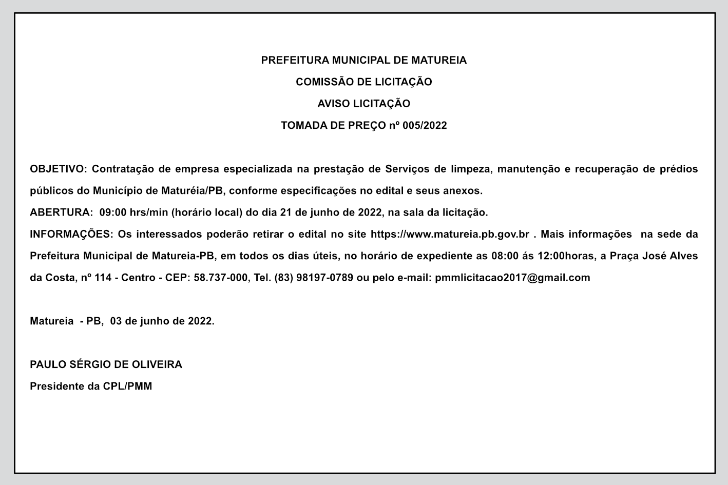 PREFEITURA MUNICIPAL DE MATUREIA – AVISO LICITAÇÃO – TOMADA DE PREÇO nº 005/2022