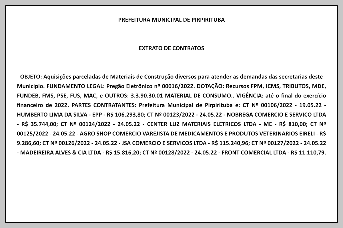 PREFEITURA MUNICIPAL DE PIRPIRITUBA – EXTRATO DE CONTRATOS