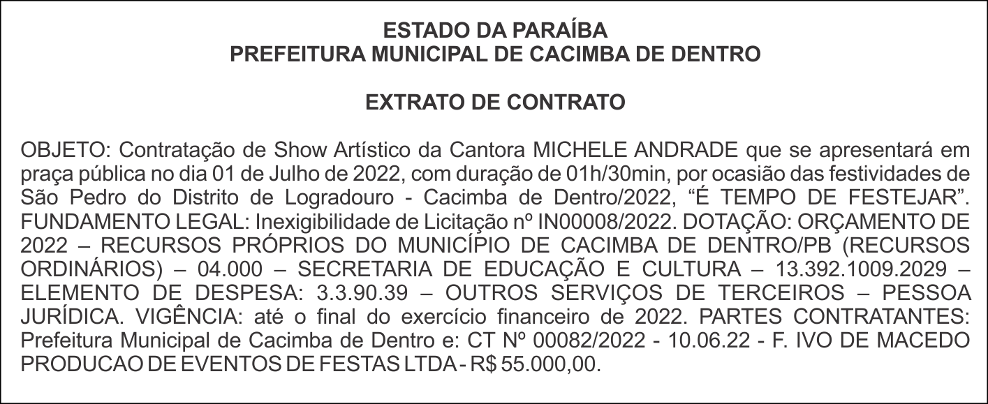 PREFEITURA MUNICIPAL DE CACIMBA DE DENTRO  – EXTRATO DE CONTRATO