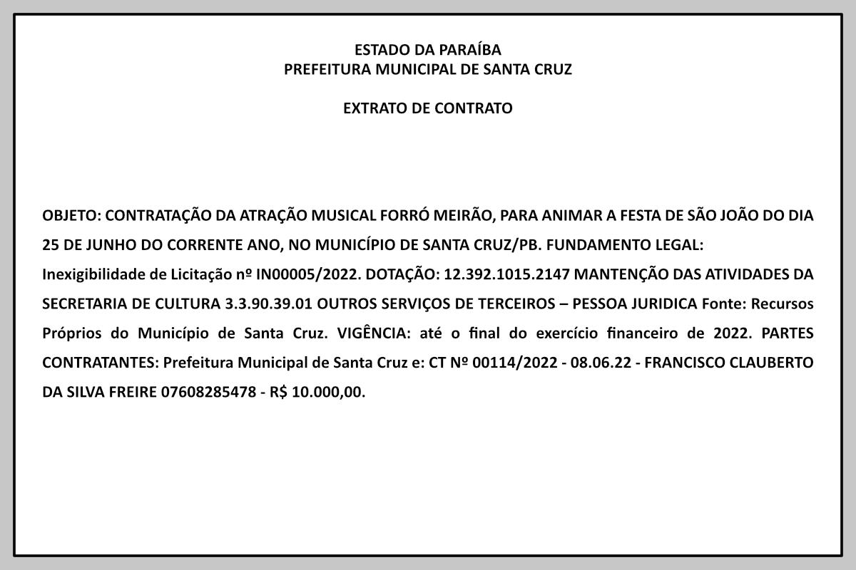 PREFEITURA MUNICIPAL DE SANTA CRUZ – EXTRATO DE CONTRATO
