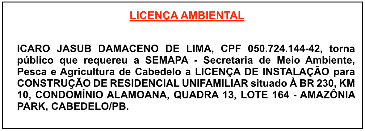 ICARO JASUB DAMACENO DE LIMA – LICENÇA AMBIENTAL