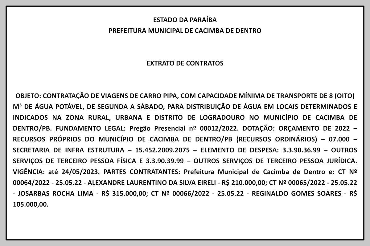 PREFEITURA MUNICIPAL DE CACIMBA DE DENTRO – EXTRATO DE CONTRATOS