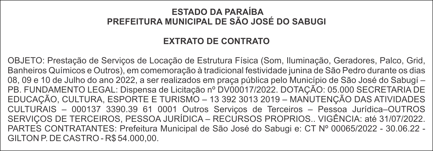 PREFEITURA MUNICIPAL DE SÃO JOSÉ DO SABUGI – EXTRATO DE CONTRATO