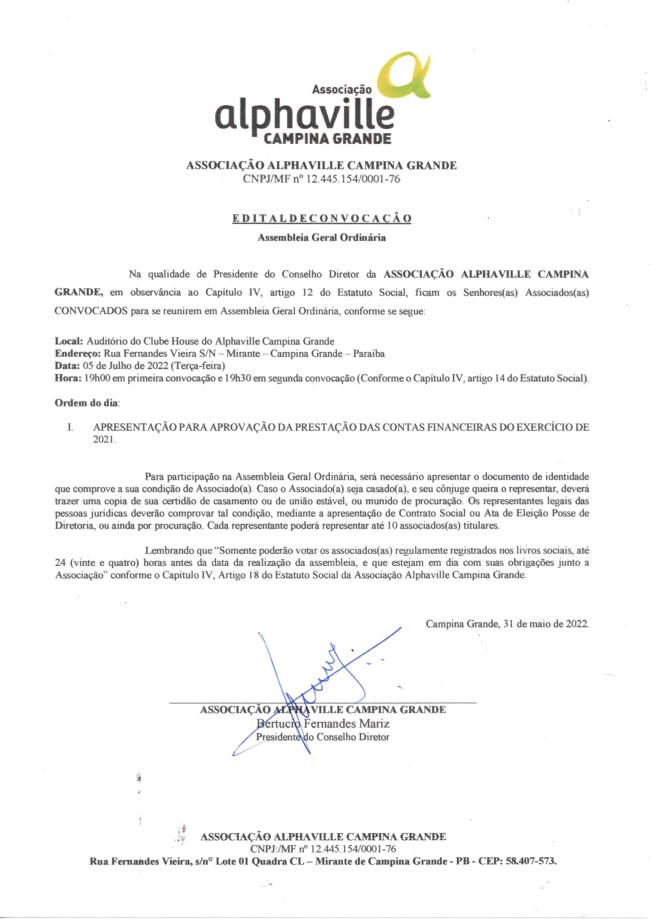 ASSOCIAÇÃO ALPHAVILLE CAMPINA GRANDE – EDITAL DE CONVOCAÇÃO DE ASSEMBLEIA GERAL ORDINÁRIA