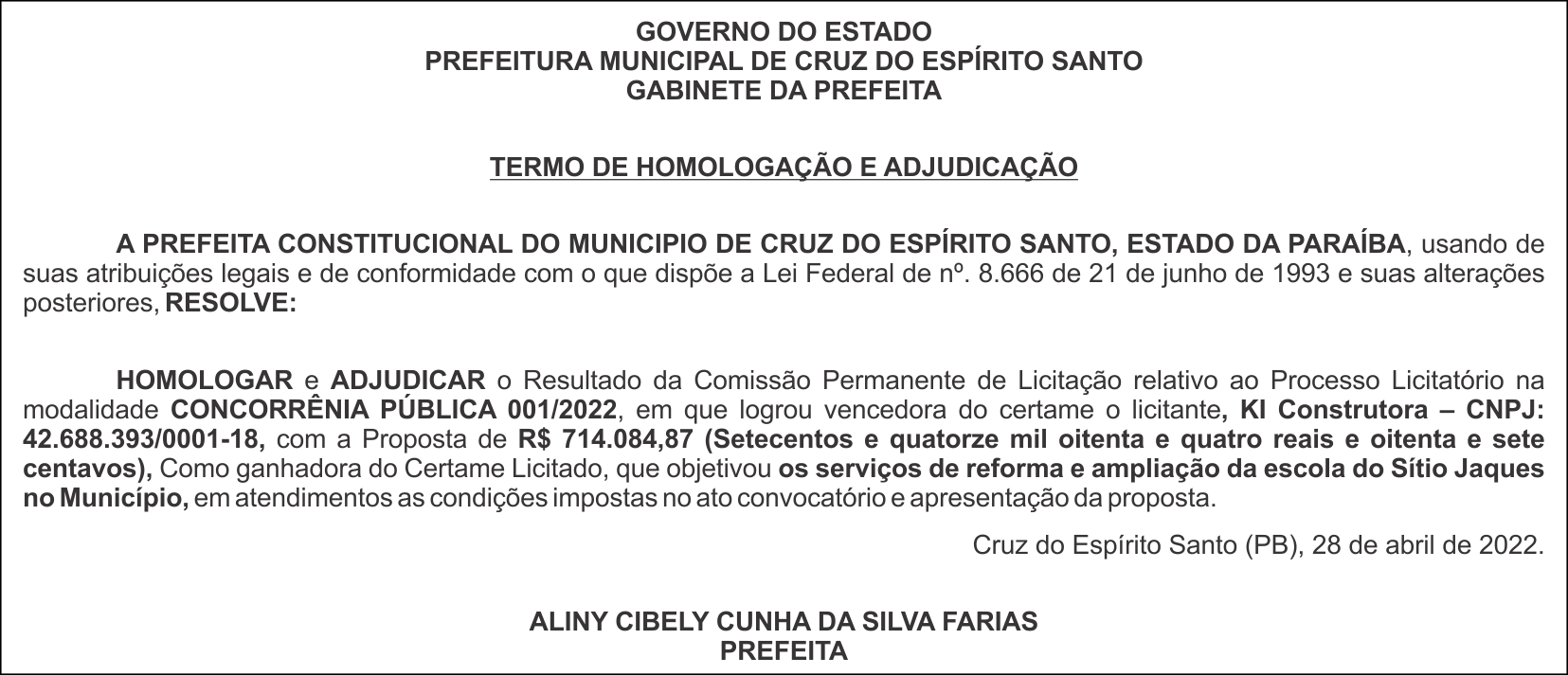 PREFEITURA MUNICIPAL DE CRUZ DO ESPÍRITO SANTO – TERMO DE HOMOLOGAÇÃO E ADJUDICAÇÃO