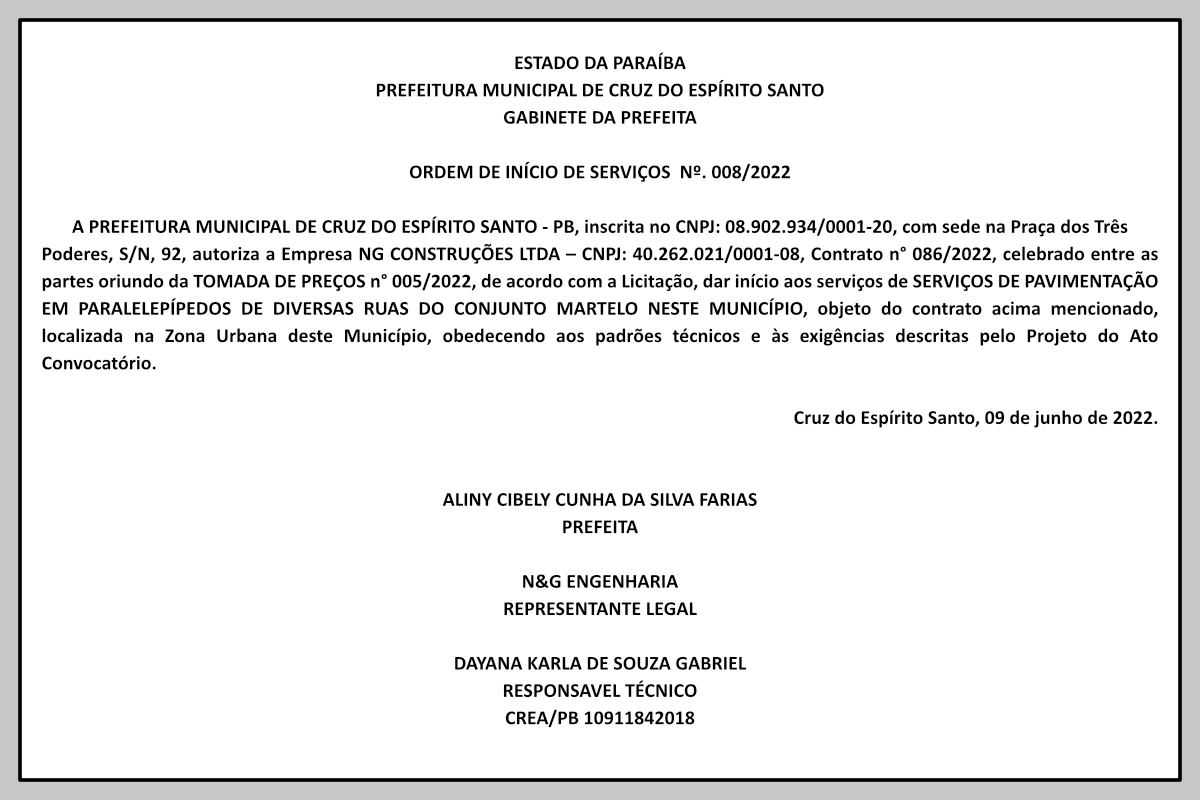 PREFEITURA MUNICIPAL DE CRUZ DO ESPÍRITO SANTO – ORDEM DE INÍCIO DE SERVIÇOS Nº. 008/2022