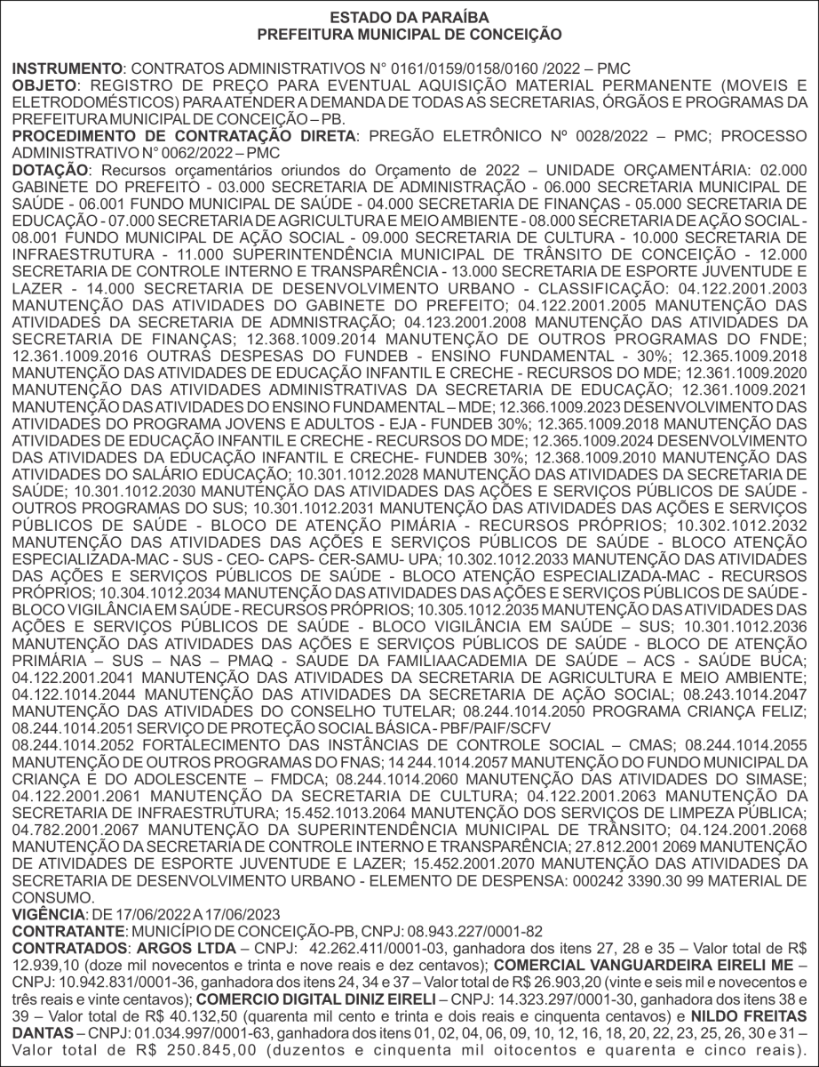 PREFEITURA MUNICIPAL DE CONCEIÇÃO – CONTRATOS ADMINISTRATIVOS N° 0161/0159/0158/0160 /2022