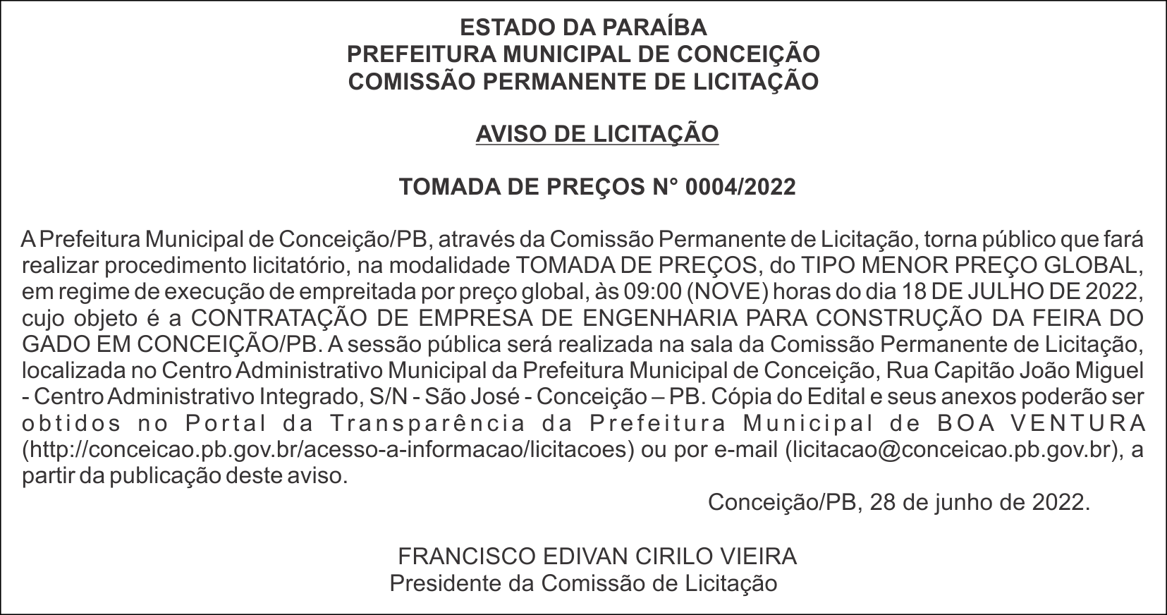 PREFEITURA MUNICIPAL DE CONCEIÇÃO – AVISO DE LICITAÇÃO – TOMADA DE PREÇOS N° 0004/2022