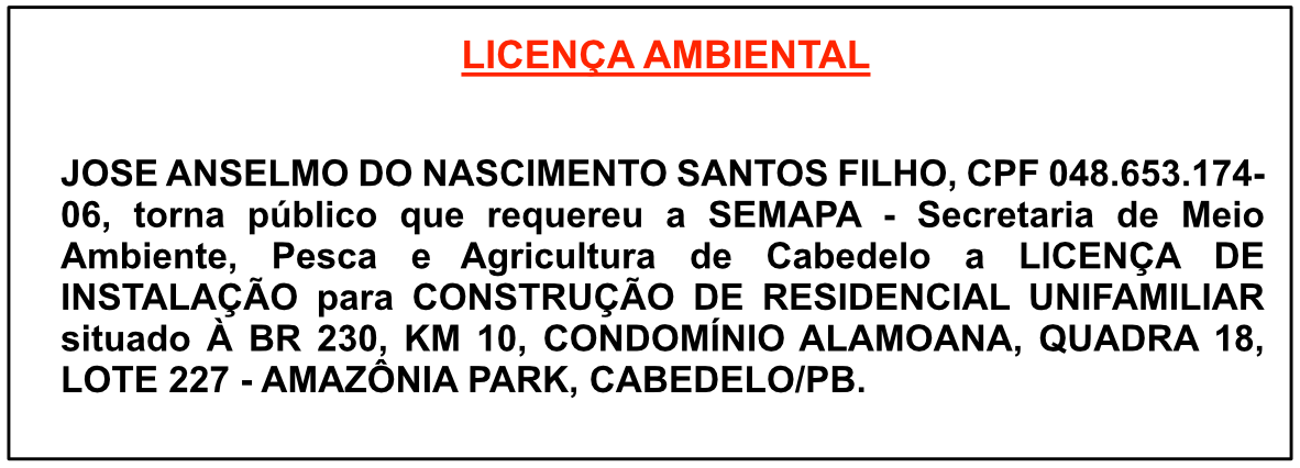 JOSE ANSELMO DO NASCIMENTO SANTOS FILHO – LICENÇA AMBIENTAL