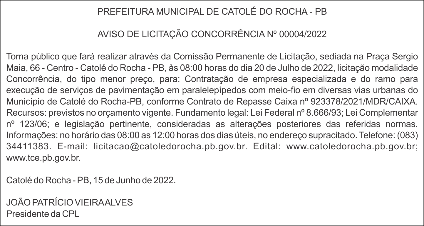 PREFEITURA MUNICIPAL DE CATOLÉ DO ROCHA – PB – AVISO DE LICITAÇÃO – CONCORRÊNCIA Nº 00004/2022