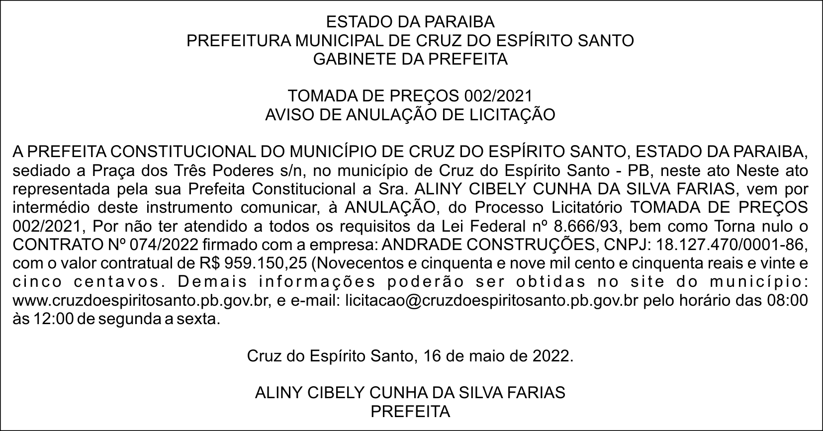 PREFEITURA MUNICIPAL DE CRUZ DO ESPÍRITO SANTO – TOMADA DE PREÇOS 002/2021 – AVISO DE ANULAÇÃO DE LICITAÇÃO
