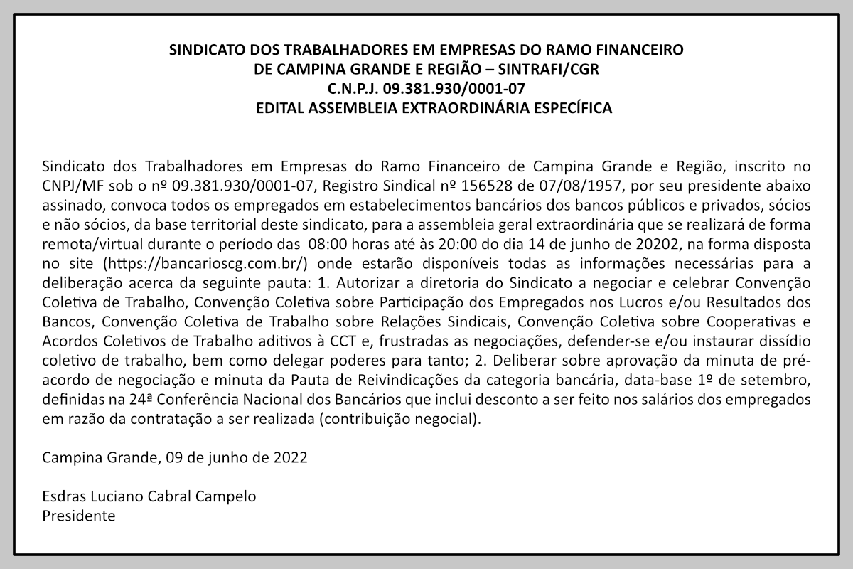 SINTRAFI/CGR – EDITAL ASSEMBLEIA EXTRAORDINÁRIA ESPECÍFICA