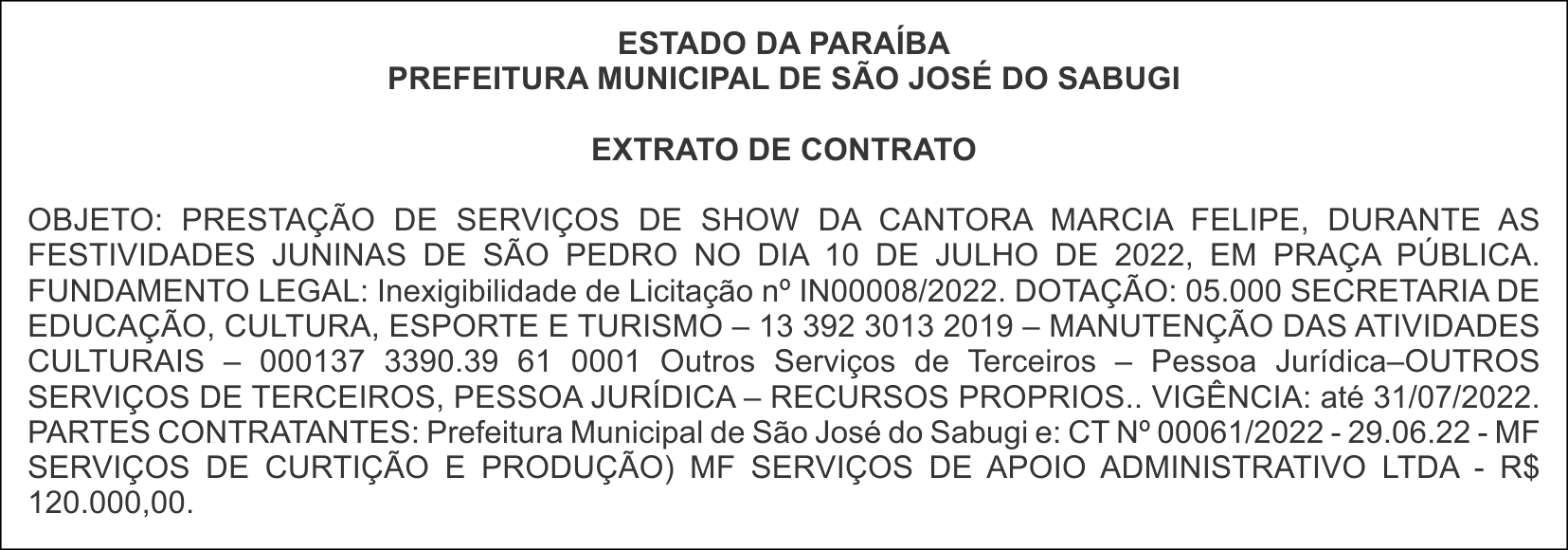 PREFEITURA MUNICIPAL DE SÃO JOSÉ DO SABUGI – EXTRATO DE CONTRATO