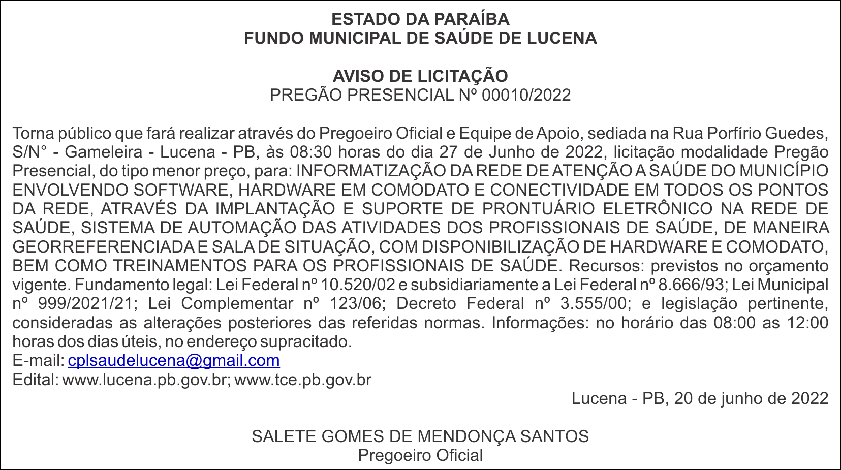 FUNDO MUNICIPAL DE SAÚDE DE LUCENA – AVISO DE LICITAÇÃO PREGÃO – PRESENCIAL Nº 00010/2022