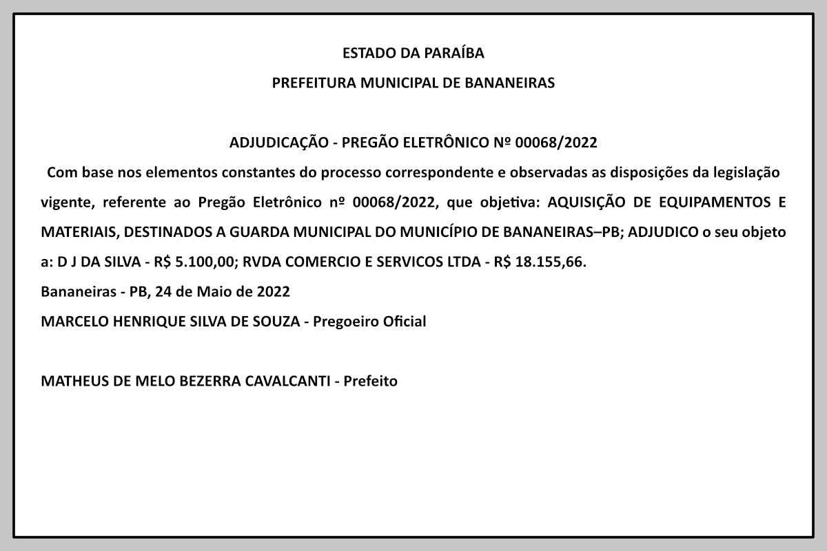 PREFEITURA MUNICIPAL DE BANANEIRAS – ADJUDICAÇÃO – PREGÃO ELETRÔNICO Nº 00068/2022