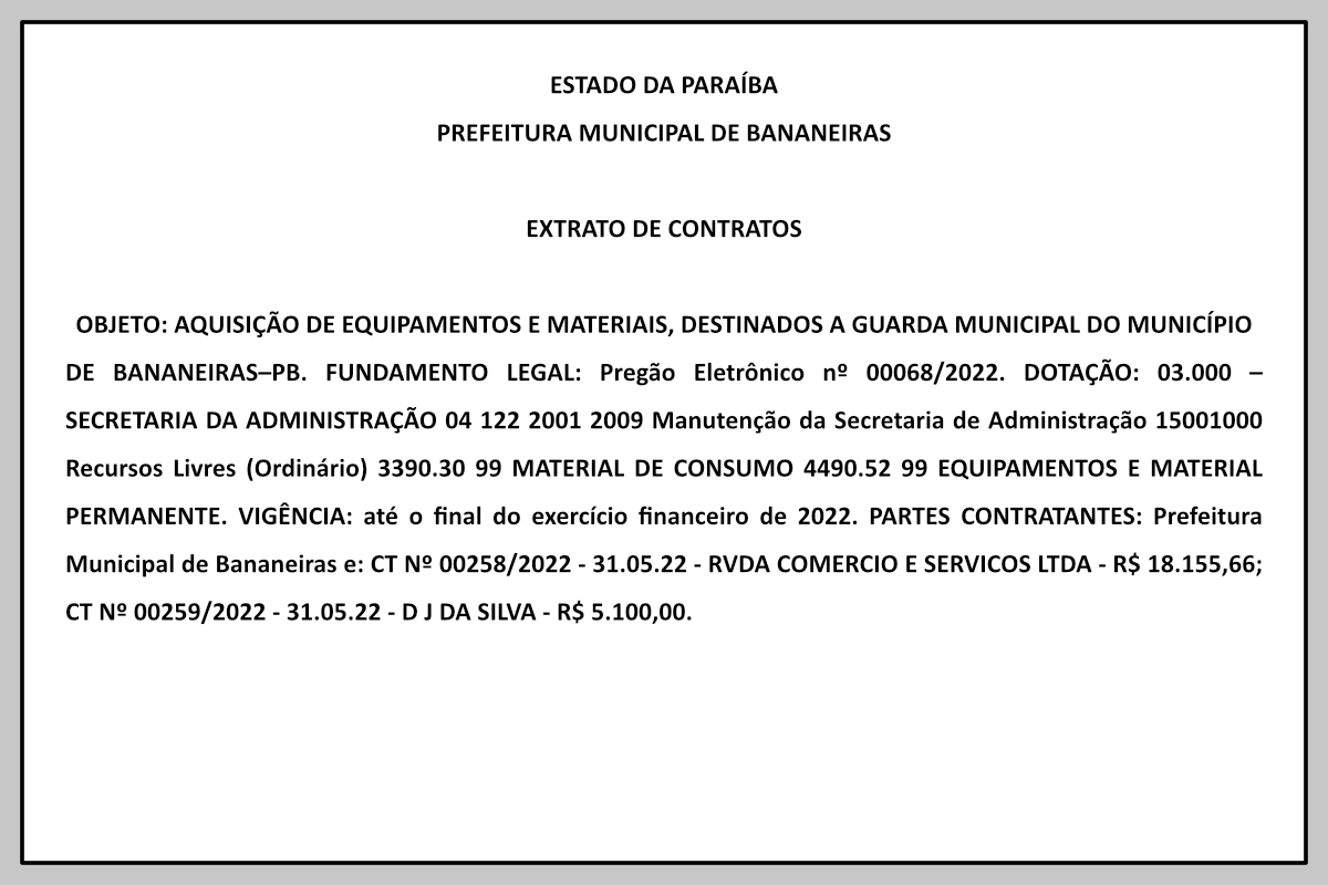 PREFEITURA MUNICIPAL DE BANANEIRAS – EXTRATO DE CONTRATOS