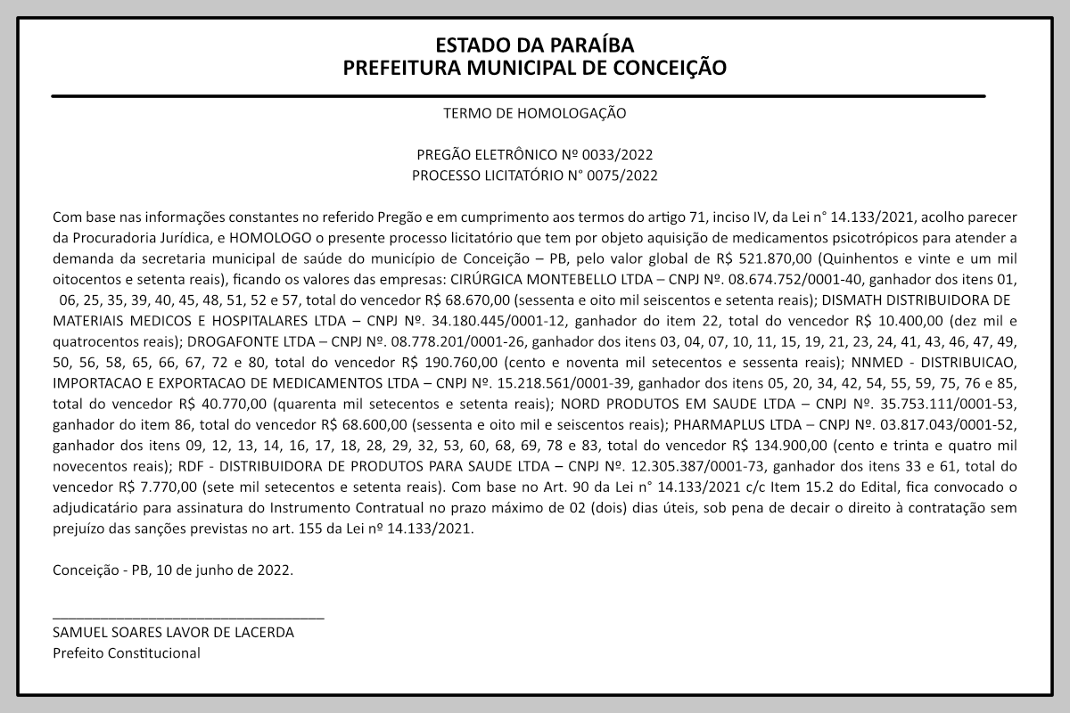PREFEITURA MUNICIPAL DE CONCEIÇÃO – TERMO DE HOMOLOGAÇÃO – PREGÃO ELETRÔNICO Nº 0033/2022 – PROCESSO LICITATÓRIO N° 0075/2022