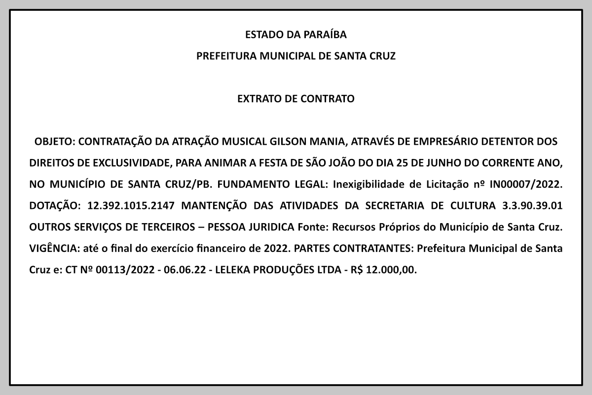 PREFEITURA MUNICIPAL DE SANTA CRUZ – EXTRATO DE CONTRATO