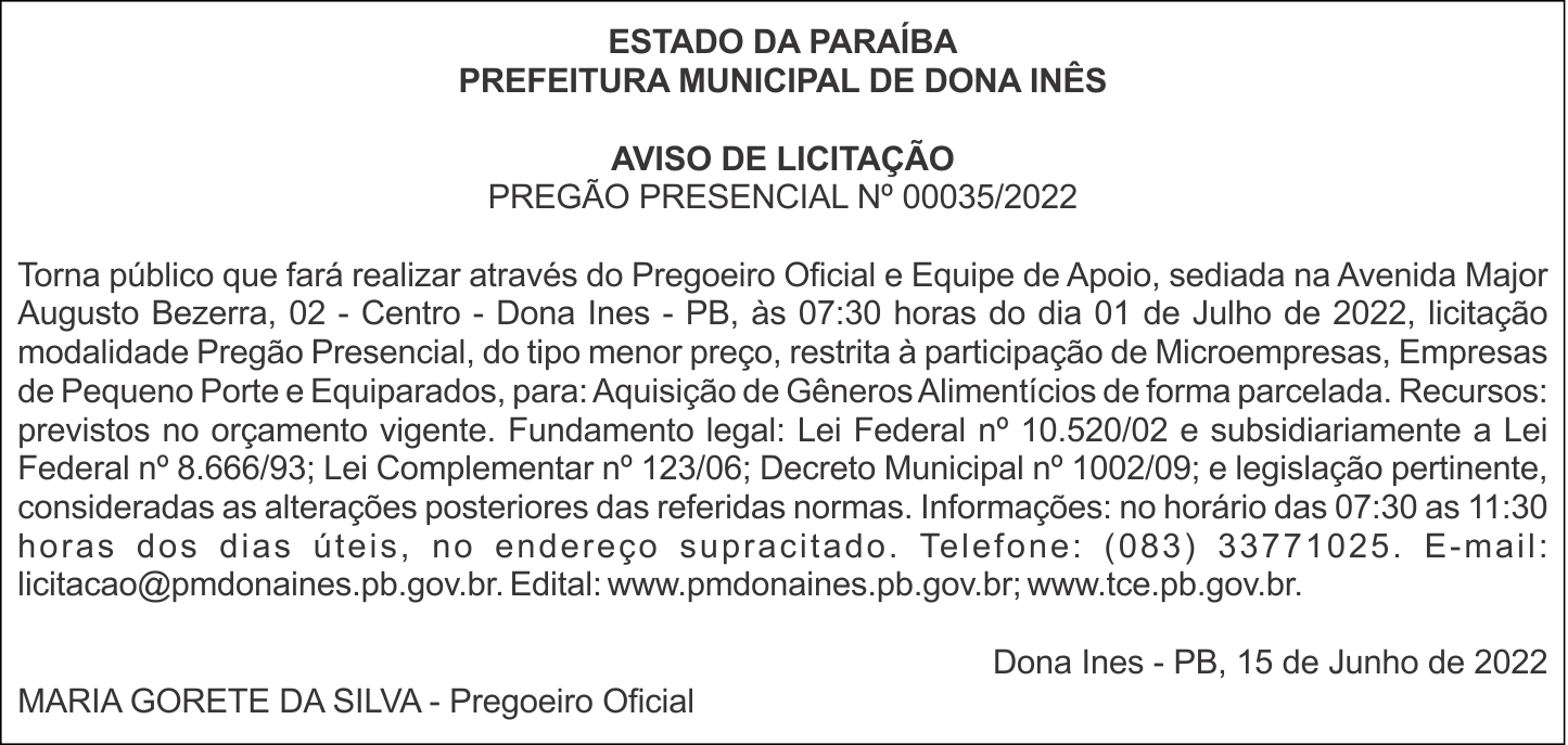 PREFEITURA MUNICIPAL DE DONA INÊS – AVISO DE LICITAÇÃO – PREGÃO PRESENCIAL Nº 00035/2022