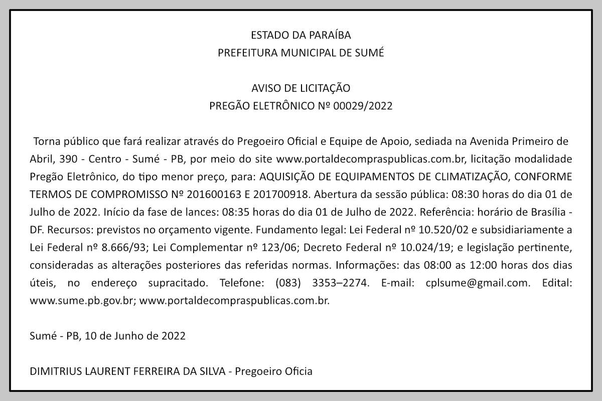 PREFEITURA MUNICIPAL DE SUMÉ – AVISO DE LICITAÇÃO – PREGÃO ELETRÔNICO Nº 00029/2022