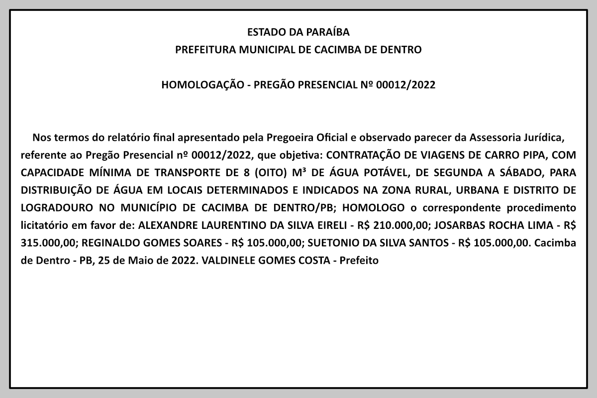 PREFEITURA MUNICIPAL DE CACIMBA DE DENTRO – HOMOLOGAÇÃO – PREGÃO PRESENCIAL Nº 00012/2022