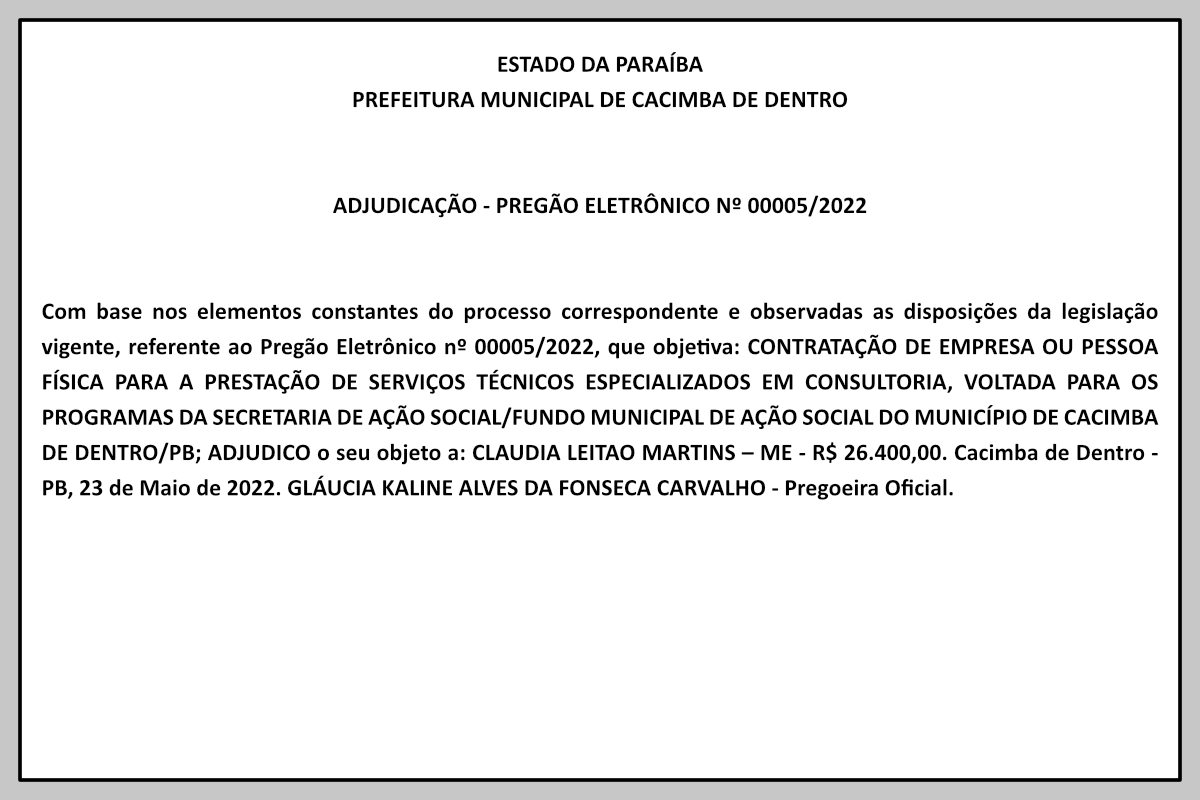 PREFEITURA MUNICIPAL DE CACIMBA DE DENTRO – ADJUDICAÇÃO – PREGÃO ELETRÔNICO Nº 00005/2022