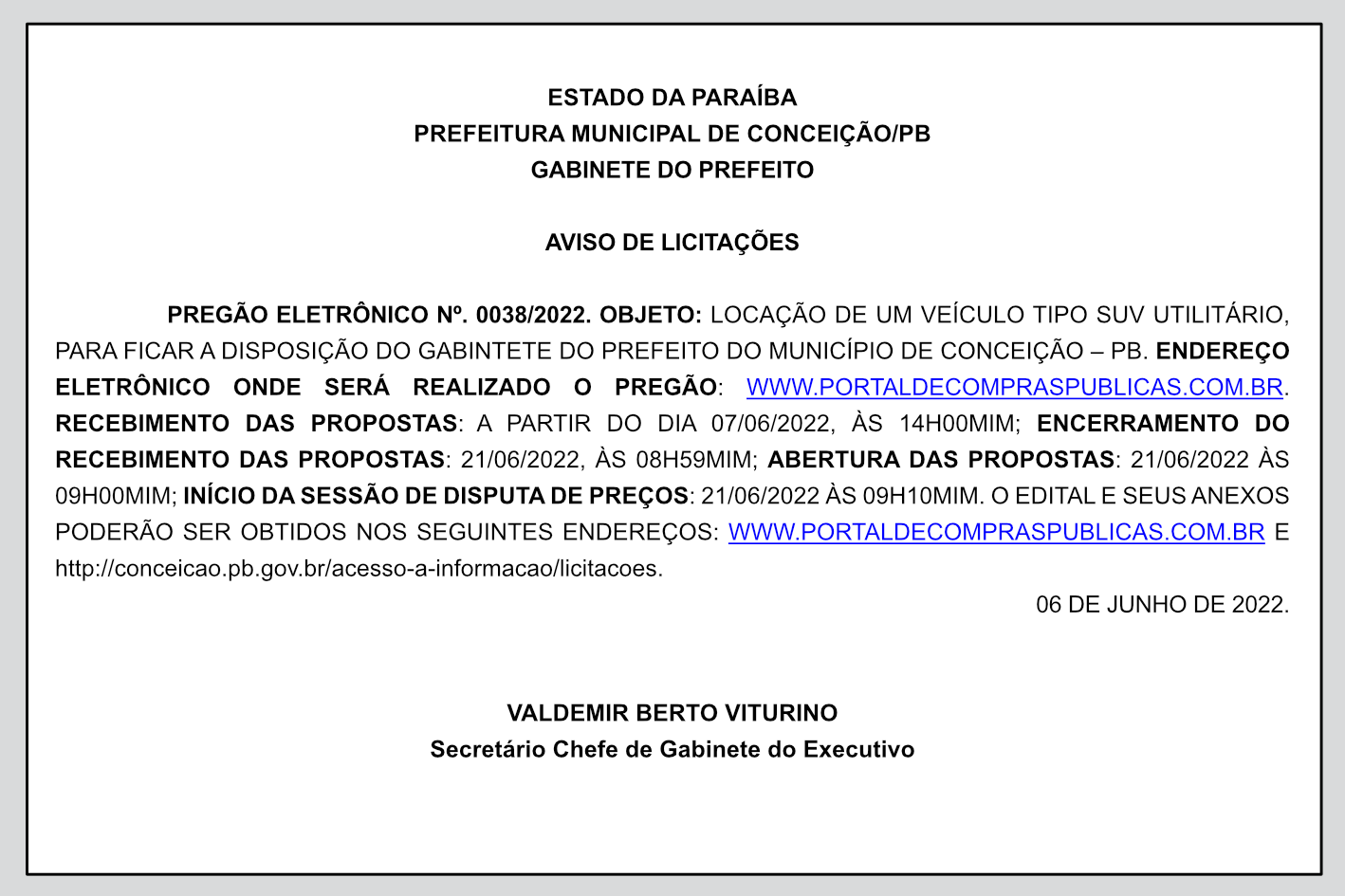 PREFEITURA MUNICIPAL DE CONCEIÇÃO/PB-AVISO DE LICITAÇÕES – PREGÃO ELETRÔNICO Nº. 0038/2022