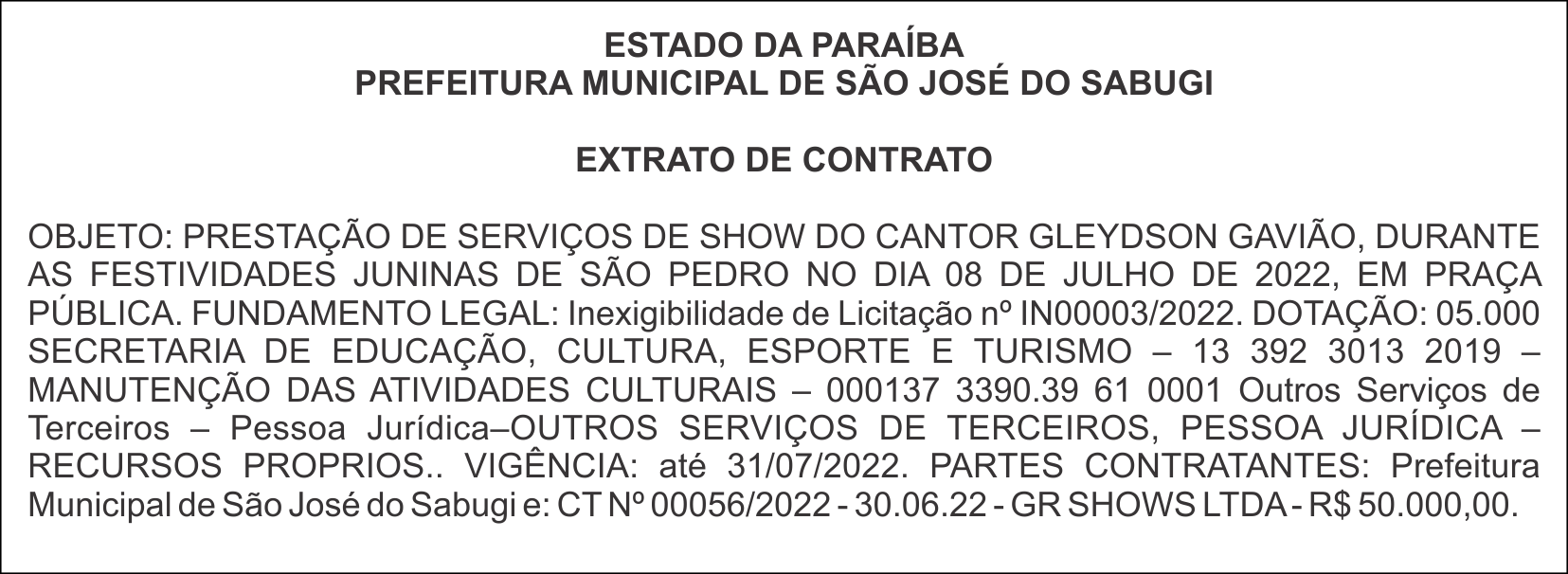 PREFEITURA MUNICIPAL DE SÃO JOSÉ DO SABUGI – EXTRATO DE CONTRATO