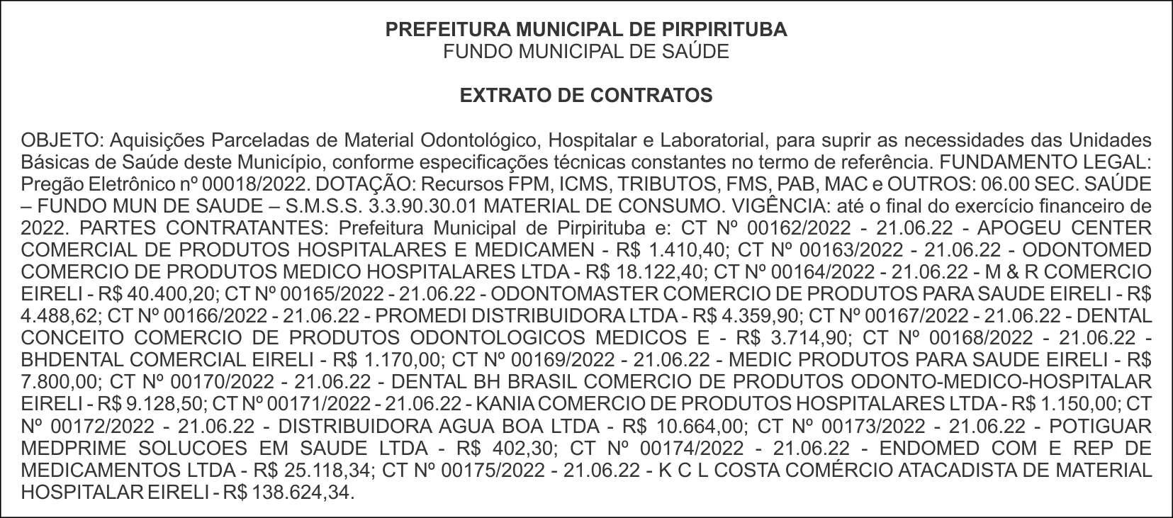 PREFEITURA MUNICIPAL DE PIRPIRITUBA – FUNDO MUNICIPAL DE SAÚDE – EXTRATO DE CONTRATOS
