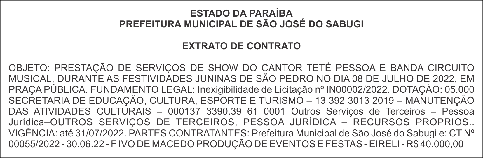 PREFEITURA MUNICIPAL DE SÃO JOSÉ DO SABUGI – EXTRATO DE CONTRATO