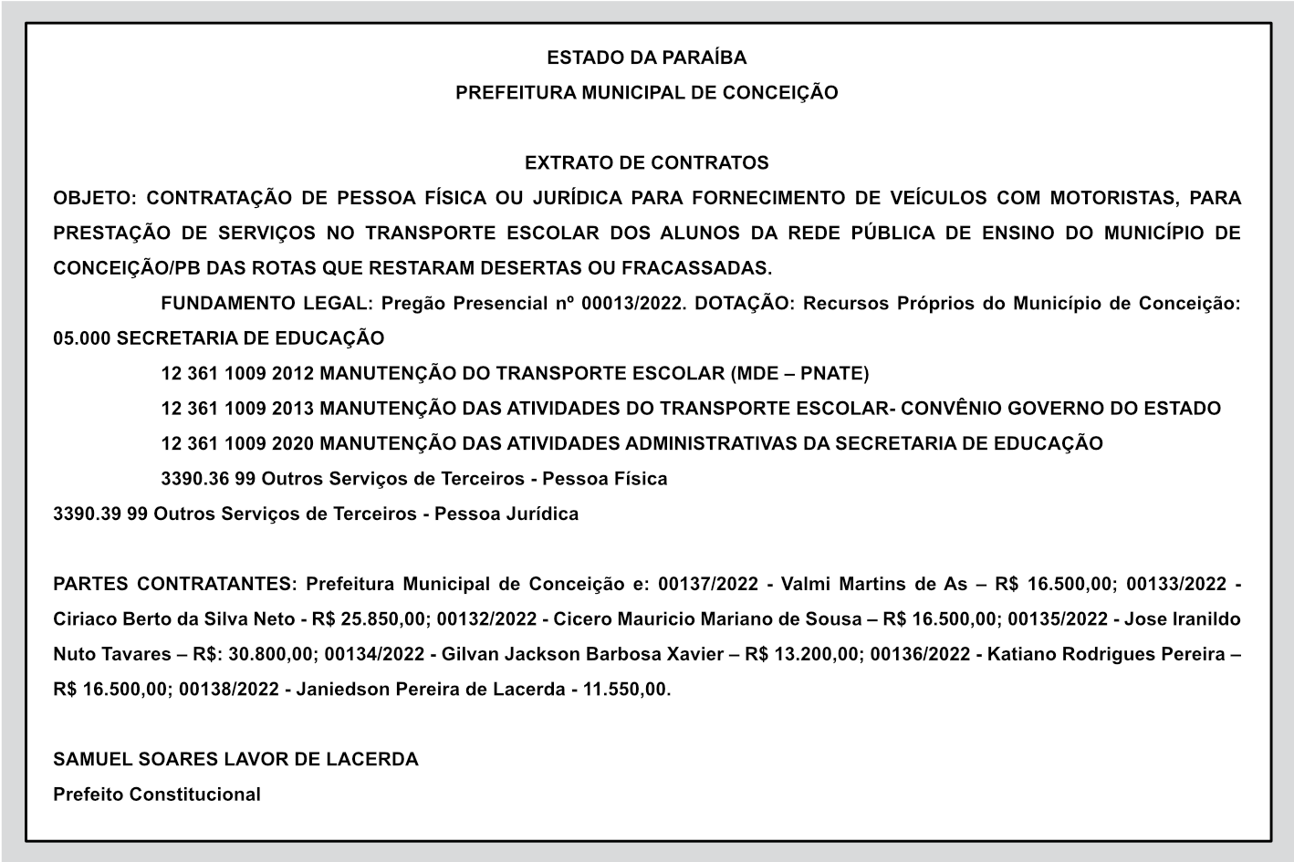 PREFEITURA MUNICIPAL DE CONCEIÇÃO – EXTRATO DE CONTRATOS