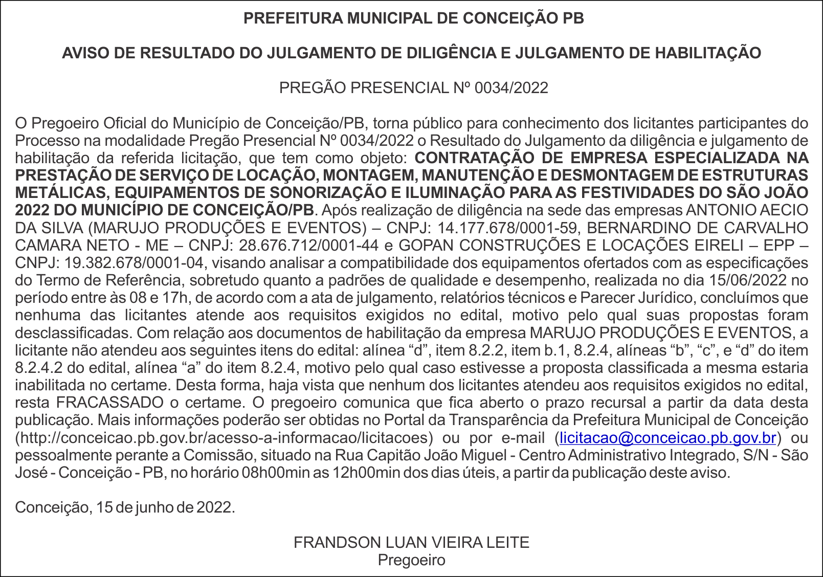 PREFEITURA MUNICIPAL DE CONCEIÇÃO PB – AVISO DE RESULTADO DO JULGAMENTO DE DILIGÊNCIA E JULGAMENTO DE  HABILITAÇÃO – PREGÃO PRESENCIAL Nº 0034/2022