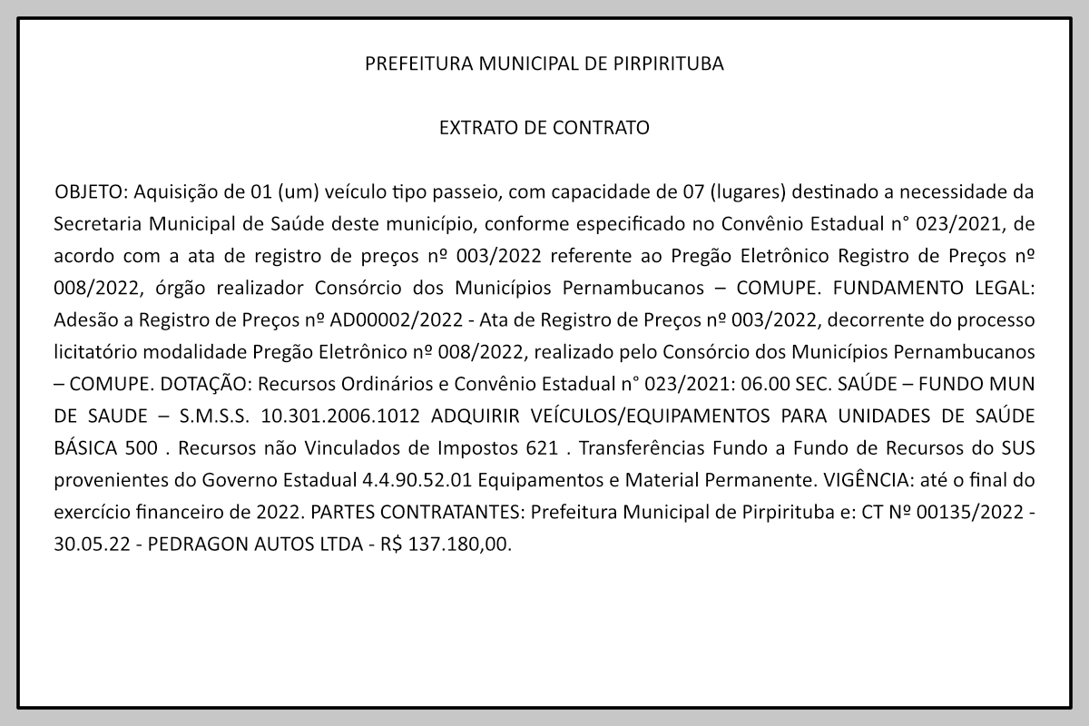 PREFEITURA MUNICIPAL DE PIRPIRITUBA  – EXTRATO DE CONTRATO
